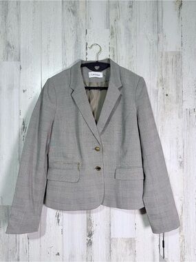 Calvin Klein Grey Plaid Blazer Jacket, 2 Button Single Breasted, Size 12P